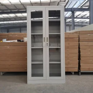 Double Swing Full Glass Door Steel Filing Cabinet with Adjustable Shelves Lock for Office File Book Document Storage