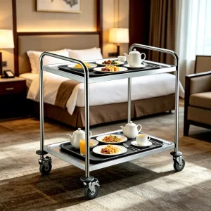 Double Tier Mobile Kitchen Food Cart Metal Stainless Steel Service Trolley Hotel Restaurant