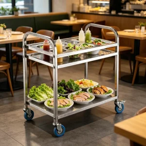 Double Tier Restaurant Food Service Condiment Bottle Cart Stainless Steel Spice Trolley with Holes