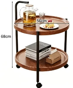 Double Tier Side Table with Wheels Modern Nordic Living Room Wooden Multi Functional Metal Frame Coffee Table
