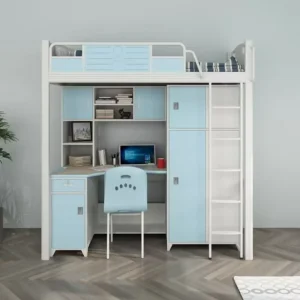 Double Upper Bed Lower Bed Modern Design School Dormitory Metal White Bunk Bed with Built in Storage