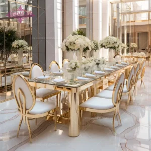 Dreamlike Modern Design Stainless Steel Mirror Glass Top Event Banquet Table for Hotel Event Banquet Use High Return Rental