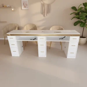 Dual Nail Table with Marble Top & Drawers Custom Size MDF Frame for 2 Clients Salon Furniture
