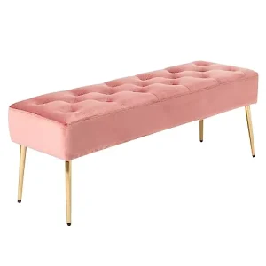 Durable Comfortable Upholstered Button Tufted Velvet Foot Stool for Bedside Entryway Living Room Hallway Bedroom Pink