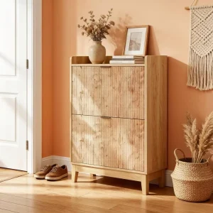 Durable Eco Friendly Narrow Contemporary Shoe Cabinet 2 Flip Drawers Open Shelf Storage 31.5 Wide Living Room Home Furniture