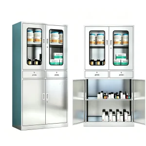 Durable Eco Friendly Stainless Steel Medical Storage Locker 2 Drawers Glass Doors for Hospital Pharmacy School