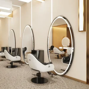 Durable Gold Frame Stainless Steel LED Salon Mirror Station with Chairs Modern Oval Lighted Hair Styling Station Set for Salon