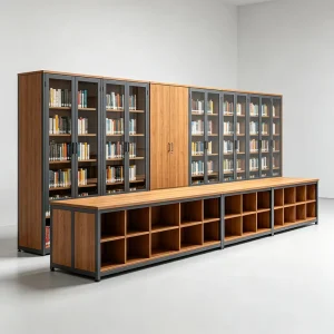 Durable Metal Library Furniture Wood Veneer Bookshelf Modular School Reading Table Storage Rack With Glass Door Panel