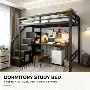 Durable Metal Student Loft Bed with Stairs Space Saving Design for Dorm Apartment for Bedroom Use
