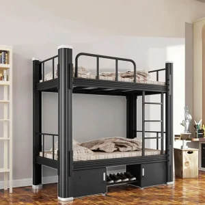 Durable Modern Steel Bunk Beds with 2 Storage Drawers Safety Guardrails & Ladders for Hotel & Dormitory Use