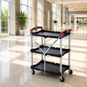 Durable Plastic & Metal Folding Utility Service Cart Multi Purpose Rolling Storage Trolley for Hotel Warehouse & Home Use