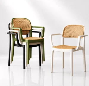 Durable Plastic Patio Dining Chair with Arms Woven Seat Back for Hotel Cafe Restaurant Event Corporate Bulk Purchase