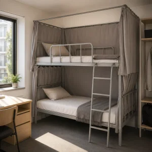 Durable Privacy Steel Slipcovered Bunk Bed Mosquito Proof Canopy Bed Metal Bunk Bed with Curtains for Hotels School Dormitory