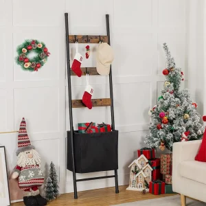 Durable Rustic Freestanding Ladder Garment Rack Metal Frame Wood Slats 4 Hooks Detachable Fabric Bag Towel Organizer