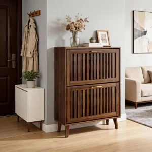 Durable Shoe Storage Cabinet with Louvered 2 Flip Drawers Narrow Shoe Cabinet for Entryway Gym Slim Shoe Rack Cabinet