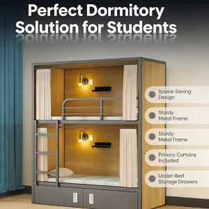 Durable Steel Bed Double Decker Space Bunk Bed with Curtain for Hotel Youth Hostel