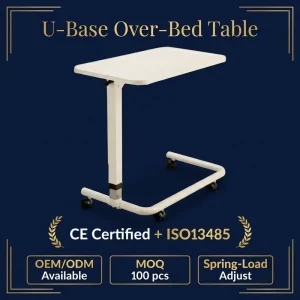 Durable Steel Overbed Table Height Adjustable With 4 Wheels and U Base for Elderly Disabled Home Hospital Rehabilitation Use