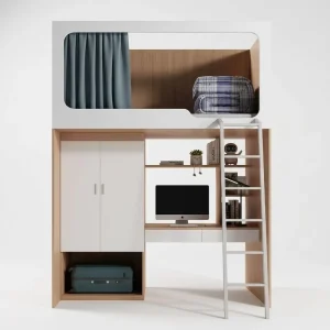 Durable Wood Frame Multifunctional Bunk Student Desk Bed Full Size Modern Design Space Saving School Dormitory College Boarding