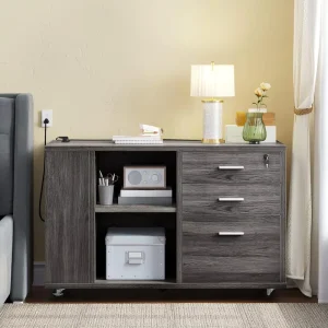 Durable Wooden File Cabinet with Open Storage Shelf Legal Size Mobile Lateral Filing Lock Home Office & Supermarket Use