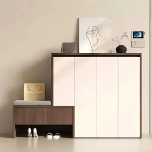 E0 Grade Plywood Four Door Shoe Cabinet with Built in Shoe Bench Large Capacity Easy to Install Ideal for Entryway Areas