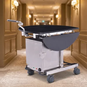 EASTON Foldable Black Room Service Trolley for Hotel Brushed Stainless Steel Frame MDF Table Top Dining Cart 1070x910mm