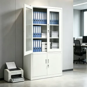 Easy Assemble KD Structure Metal File Cabinet 4 Door Steel Storage Lockable Cupboard with 2 Upper Glass Doors