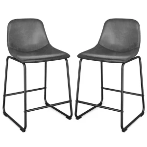 Easy-Care Gray PU Leather Bar Stool Stable Black Metal Frame Water Resistant Eco-Friendly Soft Comfortable Seat Dining Hotel