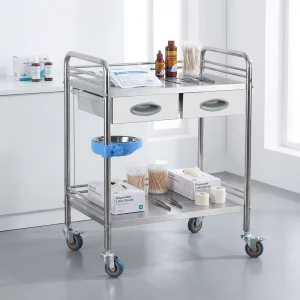 Easy Clean 2 Tier Stainless Steel Medical Disassemble Trolley Double Drawers with Guardrail Medical Supplies Storage