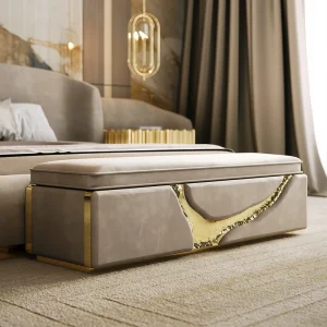 Eco-Friendly Beige Velvet Storage Bench Ottoman Stool Golden Crackle Inlay Modern Design for Villa Living Room Furniture