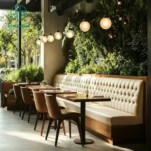 Eco-Friendly Commercial Furniture Restaurant Set Tufted High Back Booth Seating Leather Chair Square Wood Table