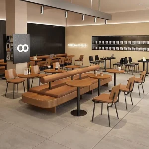 Eco-Friendly Durable Coffee Shop Furniture Set Wooden Tables Cow Leather Chairs Rock Slab Tabletop Banquette Seating Dining Mall