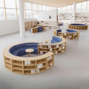 Eco Friendly Modern Design Wooden Bookcase School Hotel Use Curved Showcase College Library Reading Living Room