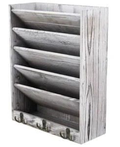 Eco Friendly Rustic Torched Wood Wall Mounted 5 Tier Multifunctional Non Folding Magazine Rack Document Storage