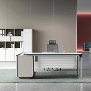 Economic White MFC Wood L shaped Executive Office Desk with Aluminum Legs Storage Cabinet Easy Assembly Direct From Factory