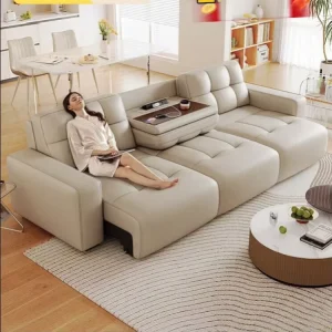 Electric Genuine Leather Sofa Bed Italian Minimalist Remote Control Retractable Leather Sofa