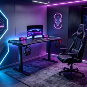 Electric Height Adjustable Gaming Table Carbon Fiber Texture Standing Desk Square Steel Leg Table 1.2m to 1.6m