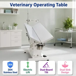 Electric Lifting Vet Operation Table 304 Stainless Steel Double Table Board with Dual Sink and Bandage Hooks