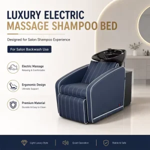Electric Massage Salon Shampoo Chair with Ceramic Bowl Auto Back Massage Power Leg Lift Heated Ventilated Seat PU Leather