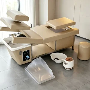 Electric Massage Shampoo Bed with Water Circulation Beige PU Leather Hair Washing Bed for Salon Head Spa Shampoo Station