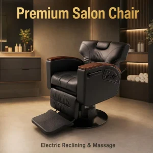 Electric Physiotherapy Barber Chair with Heat Massage PU Leather Reclining Salon Styling Chair Wood Armrest Head SPA