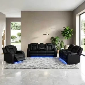 Electric Recliner Sofa Set Leather 3+2+1 Seater Power Reclining Couch With LED Light Central Console Modern Living Room