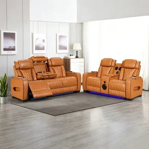 Electric Recliner Sofa Set with Bluetooth Speaker LED Lights Reading Lamp and Cup Holder Home Theater Seating for Living Room