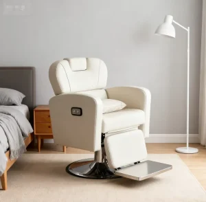 Electric Reclining Synthetic Leather Barber Chair with Adjustable Footrest Commercial Salon Furniture Beige