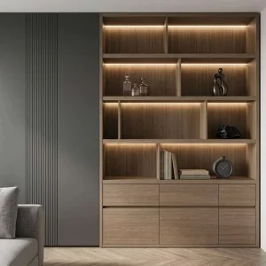 Elegant Bookshelf with Display Niches Storage Integrated LED Lighting Floor to Ceiling Bookcases for Modern Living Rooms