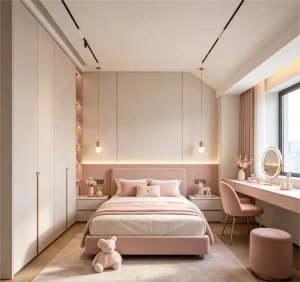Elegant Cream Home Bedroom Eco Friendly Non Toxic Integrated Dressing Table Soft Close pink Girls Closet Wardrobe