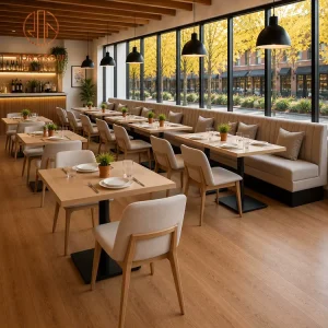 Elegant Custom Restaurant Set Square Wood Table Fabric Upholstered Booth Seating Commercial Furniture Chair