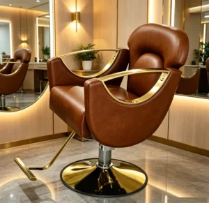 Elegant High End Custom Brown Lifting Height Adjustable Barber Chair with Gold Metal Base for Salon Studio Barbershop Use