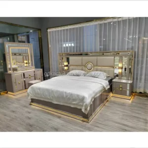 Elegant Luxurious High Gloss Finished King Size LED Lighted Bedroom Furniture Sets Full Set