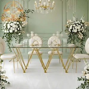 Elegant Luxury Gold Stainless Steel Glass Dining Tables and Chairs for Events Weddings Parties Hotels Outdoor Use