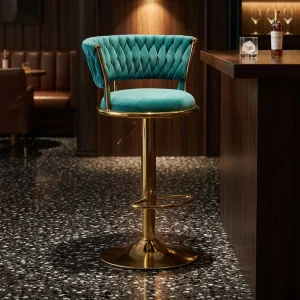 Elegant Luxury Velvet Bar Stools Handmade Woven Back Golden Base Swivel Bar Chairs for Bar or Restaurant Chairs